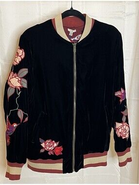 Ecoté Reversible Velvet Satin Embroidered Bomber Jacket Snake Floral Women’s Med